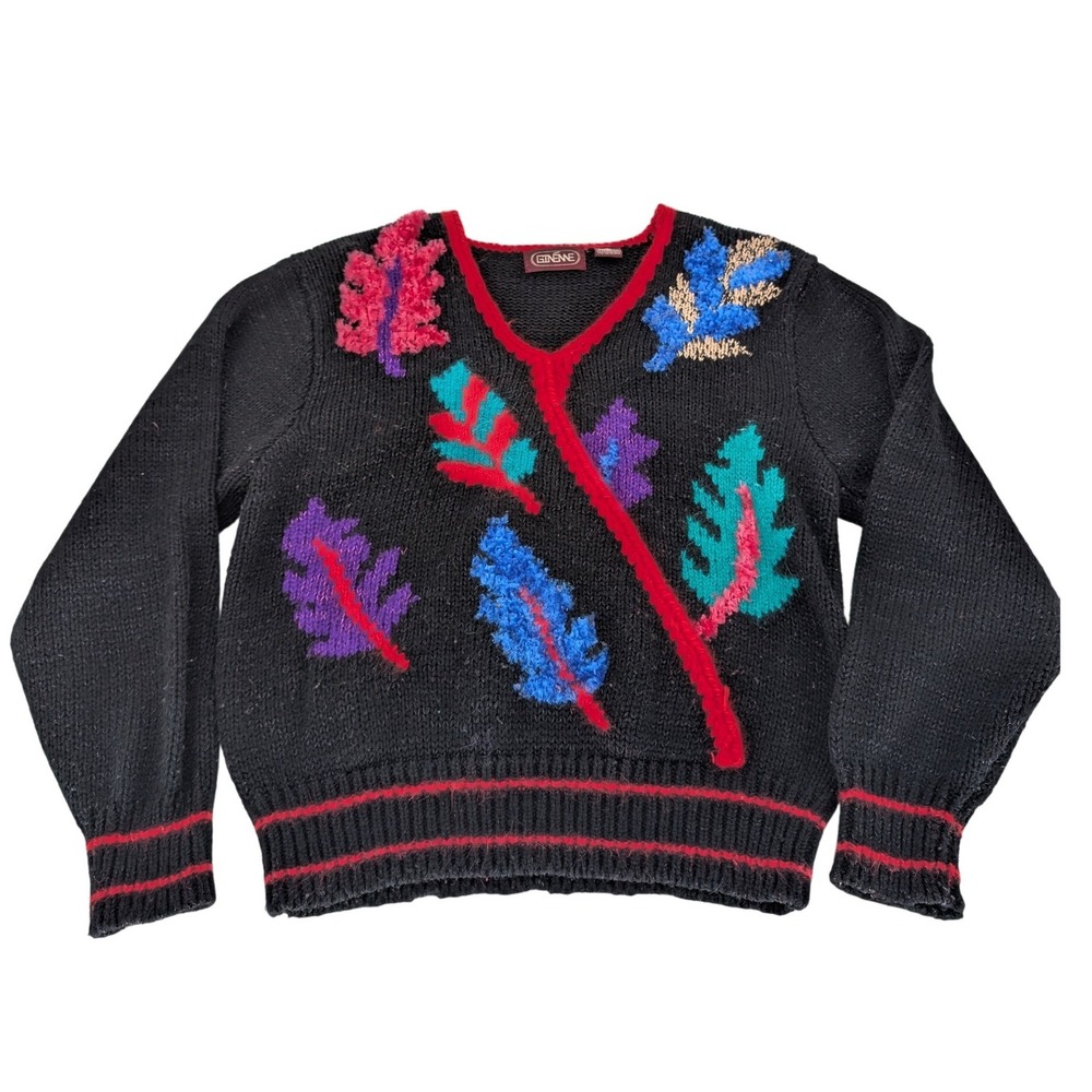 VTG 80s 90s Leaf Applique Sweater Womens M Black Novelty Kitsch Fuzzy Fall Retro